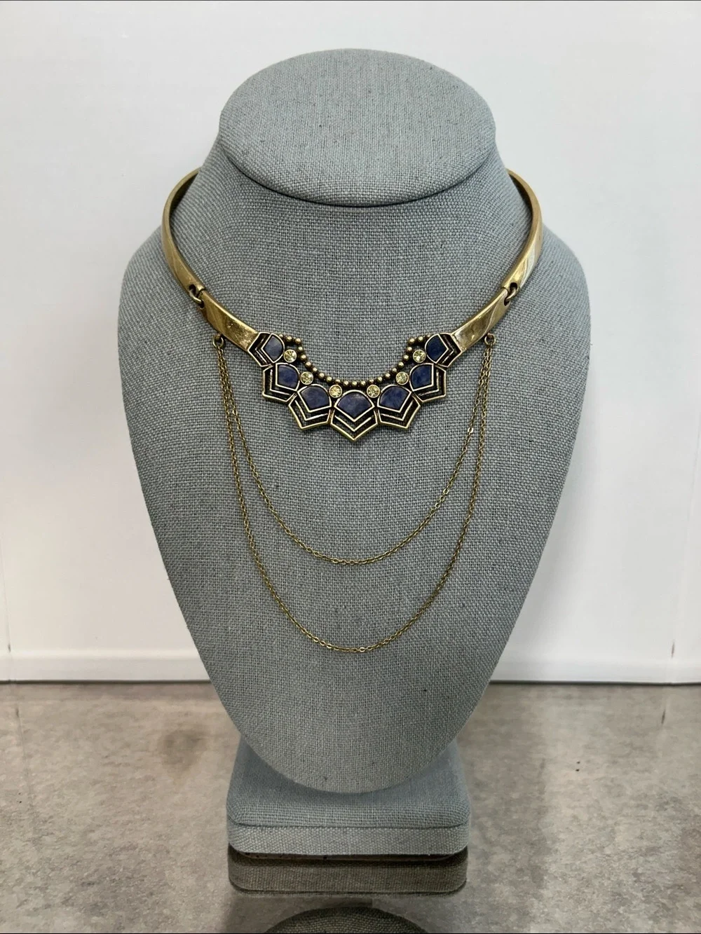 Gold-Tone Blue Stone Geometric Boho Statement Collar Necklace - Women Jewelry